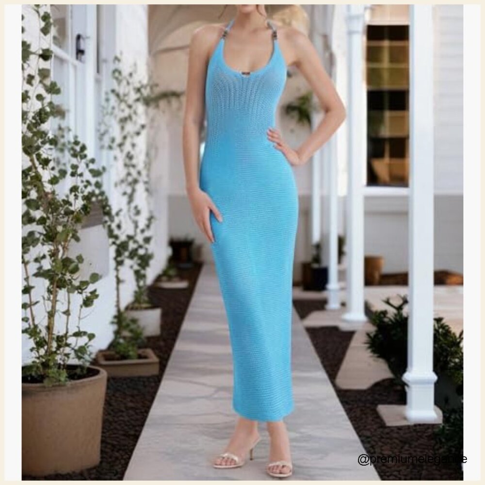 Backless Halter Mini Dress Knit Crochet Cutout Bodycon Summer Party Beach - Picture 4 of 5